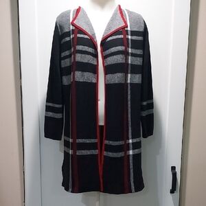 Kasper Open Front Long Sweater Plaid Gray Black Red